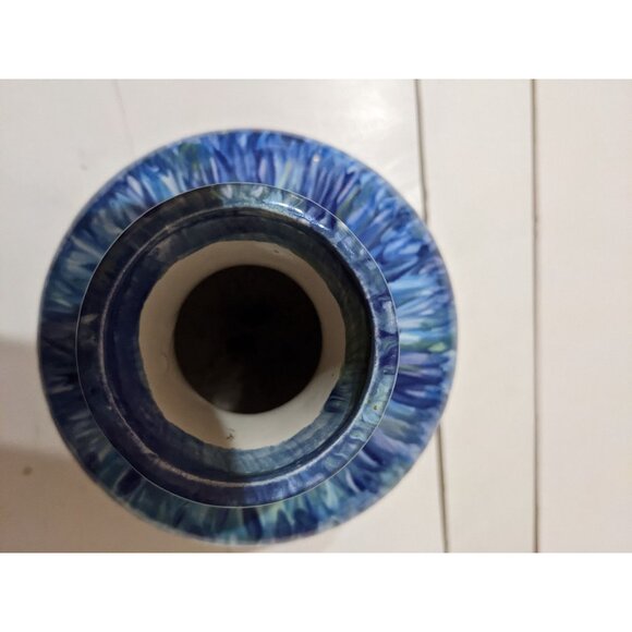 Studio Pottery Vase Dragonfly Blue 9"x7" Drip Glaze Signed Helga Farmhouse Decor - Picture 6 of 9